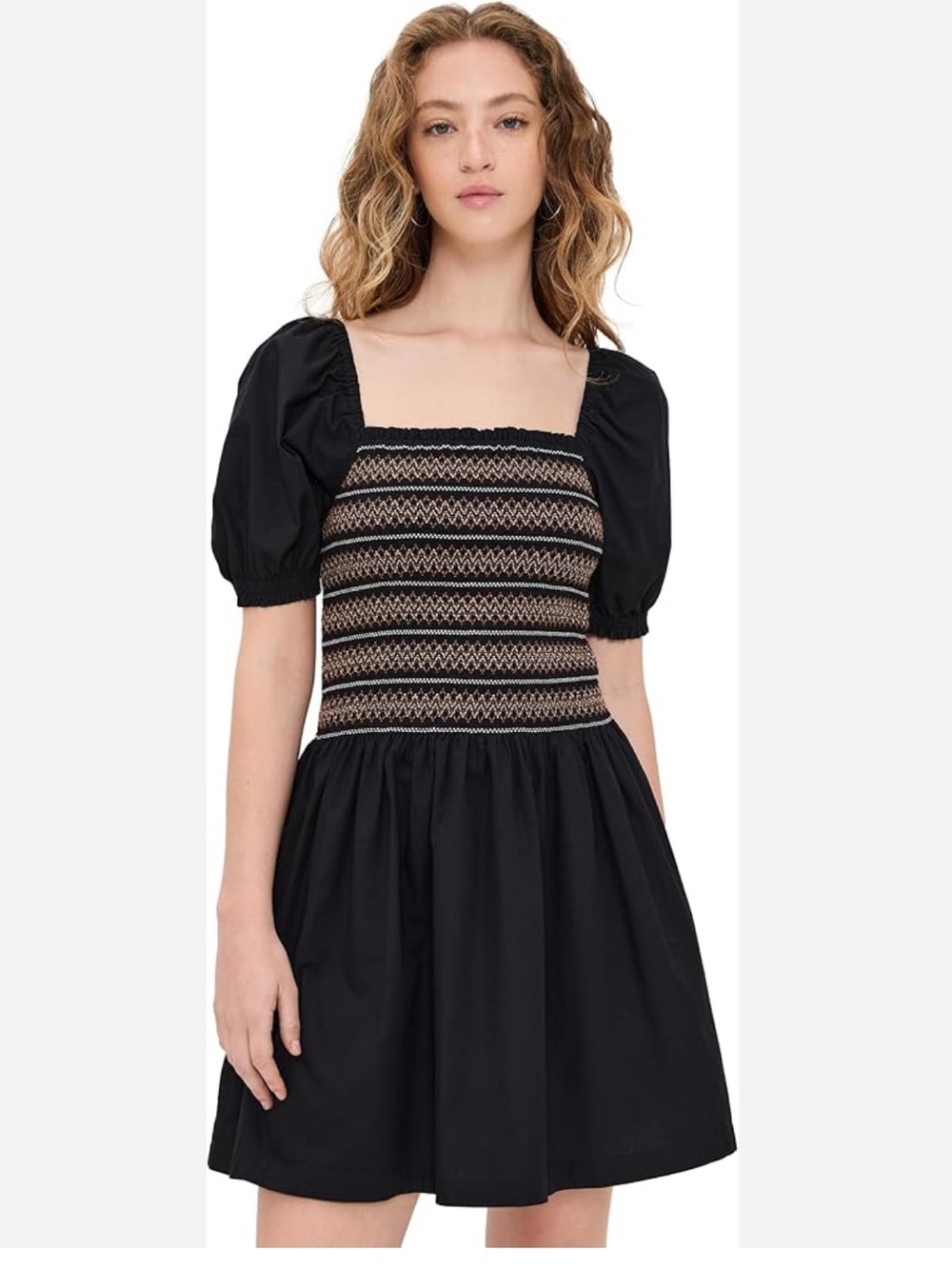 MADEWELL Poplin Puff-Sleeve Mini Dress L Jet Black Embroidered  Smocked